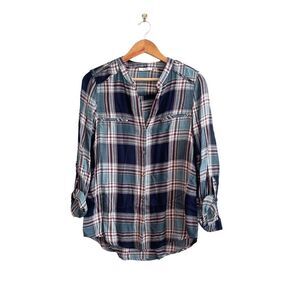Dex Shirt Plaid Top Teal Black Burgundy Button Up Curved Bottom Women's M Rayon